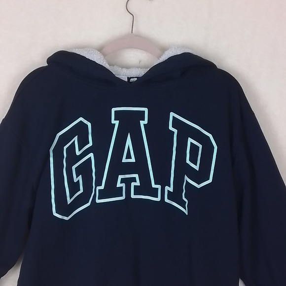 GAP Fleece Lined Logo Hoodie Girl's Size XL in Navy with Sherpa Lined Hood - Picture 3 of 11